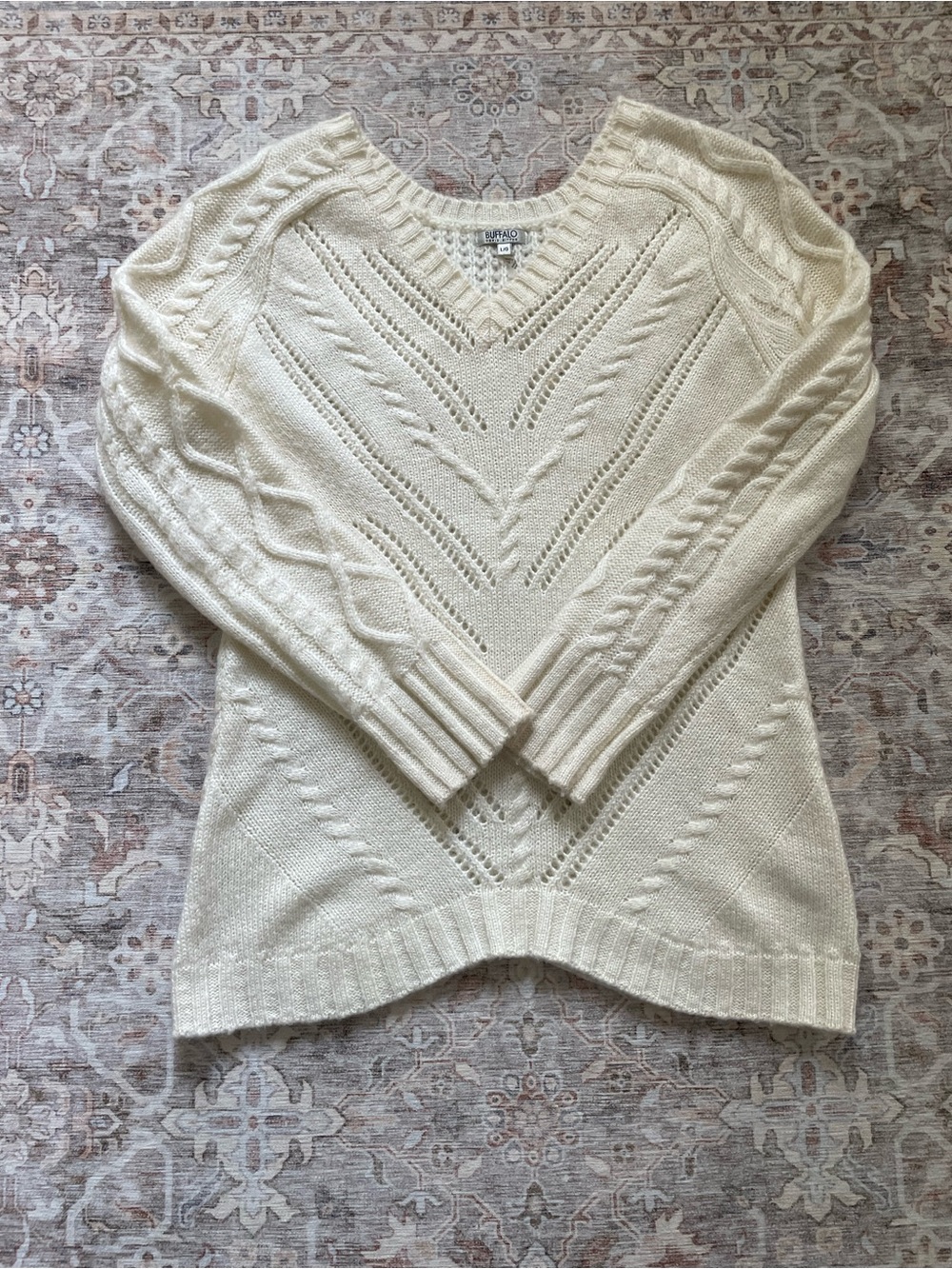 Buffalo David Bitton Cream Open-Stitch V-Neck Sweater